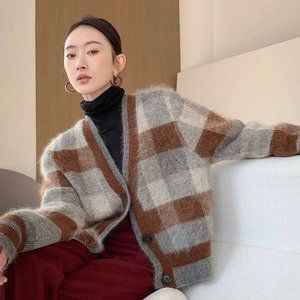 SUSHE V-neck gentle retro plaid knitted mohair cardigan NWT